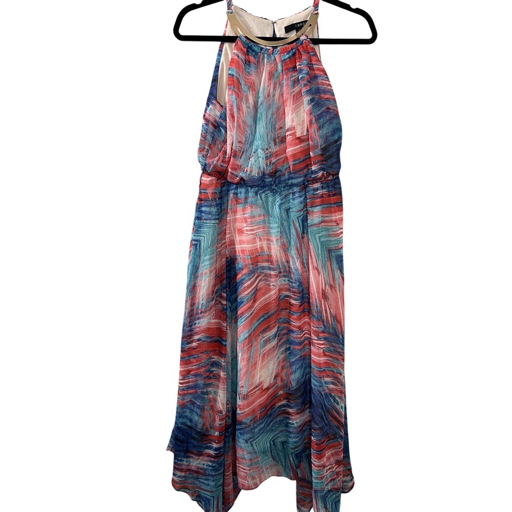 Sangria Abstract Print Halter Dress 4 Red Blue Gold Metal Collar Midi Boho‎ Art